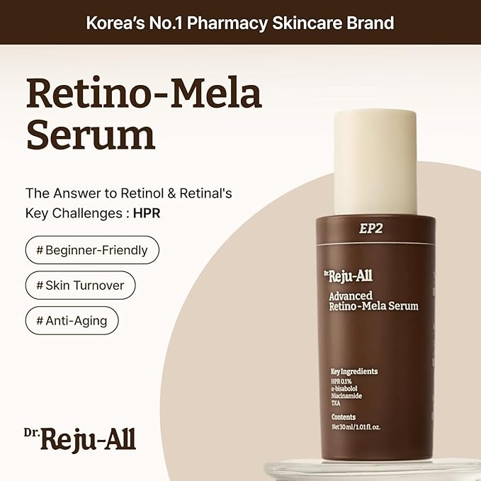 Dr.Reju-All Advanced Retino-Mela Serum – HPR Retinol Serum for Face – Anti-Aging, Pore Minimizer, Next-Gen Korean Skin care – Gentle & Beginner-Friendly – Niacinamide 10% & TXA 4% – 1 Fl Oz