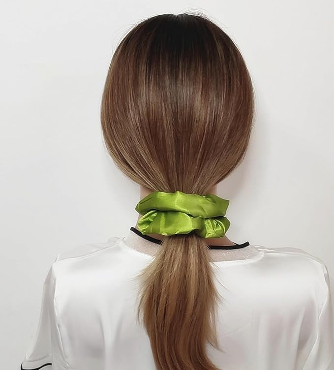 12 Pcs Satin Silk Scrunchies Soft Ties Fashion Bands Hair Bow Ropes Elastic Bracelet Ponytail Holders Hair Accessories for Women and Girls (4.5 Inch, Olive Green)
