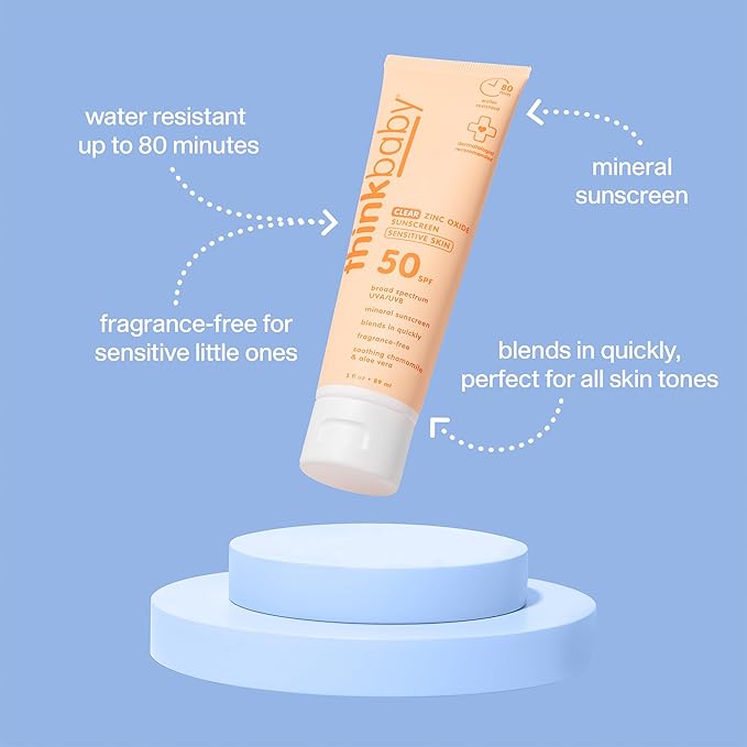 Thinkbaby Baby Sunscreen for Sensitive Skin, 3 Fl Oz, SPF 50 Clear Zinc Oxide Baby Mineral Sunscreen, Broad Spectrum UVA/UVB Protection, Natural, Water Resistant, Reef Safe, Vegan