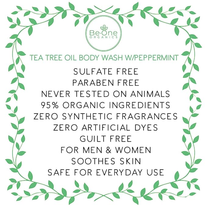 Certified Organic Tea Tree Body Wash by Be-One - Jock Itch - Athletes Foot - Ringworm - Acne - Eczema - Vegan - For Men & Women - Paraben & Sulfate Free - Sensitive - Natural - MADE IN USA