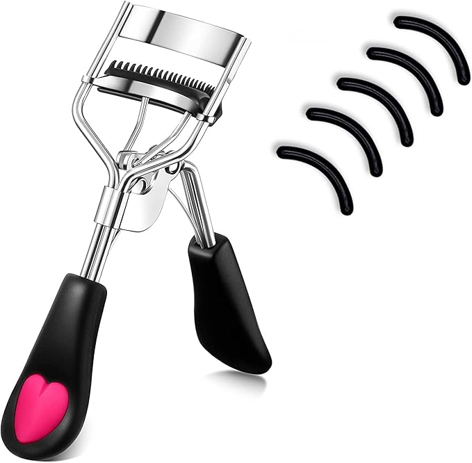 MERVK Stainless Steel Eyelash Curler with Built-in Comb Pinch Pain-Free Suitable for Any Eye Shapes and Sizes, with 5 Silicone Refill Pads (Black)
