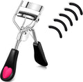 MERVK Stainless Steel Eyelash Curler with Built-in Comb Pinch Pain-Free Suitable for Any Eye Shapes and Sizes, with 5 Silicone Refill Pads (Black)