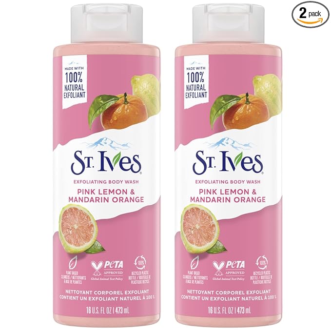 St. Ives Exfoliating Body Wash, Pink Lemon & Mandarin Orange 2-Pack – Made with 100% Natural Exfoliants for Glowing Skin, 16 Oz Ea