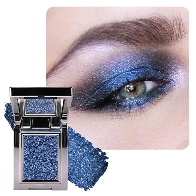 WanTuoluo Sparkly Eyeshadow Palette for Women, Single Monochrome Eye Shadow Makeup, Shiny Pressed Cream Powder, Blendable Natural sombras para ojos, Holographic,Vegan,Travel (10-sparkly-Blue)