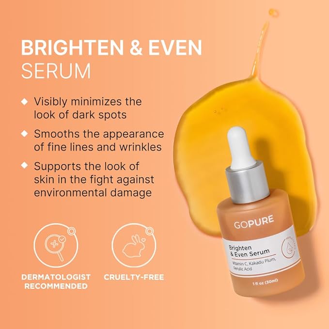 goPure Actives Vitamin C Serum - Brightening Serum with Vitamin C and Ferulic Acid, Face Moisturizing and Anti-Aging Benefits, Improves Skin Discoloration and Visibly Reduces Dark Spots - 1 fl oz
