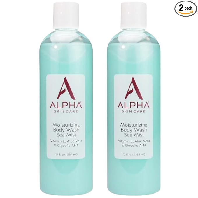 Alpha Skin Care Moisturizing Body Wash, Gentle Soap-Free Anti-Aging Formula, Glycolic AHA, Vitamin E & Aloe Vera, Conditions & Soothes, All Skin Types Hydroxy Acid, 12 Oz, Pack of 2