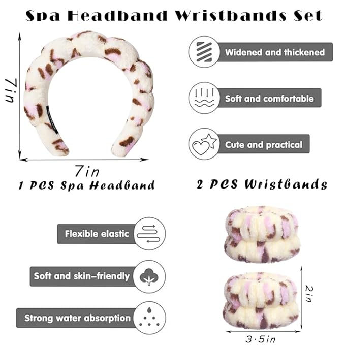 Tetizo Spa Headbands for Washing Face Wristband Set Sponge Makeup Skincare Headband Wrist Towels Bubble Soft Terry Towel Cloth Hairband for Women Puffy Headwear Non Slip Thick Thin Hair Headwear