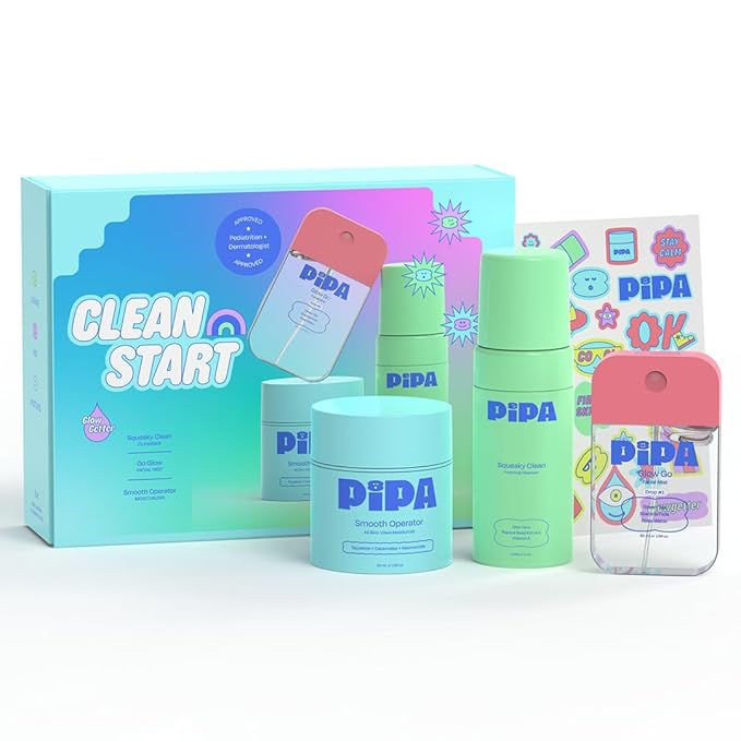 Pipa Skincare Clean Start Kids Skincare Set for Girls & Tweens 8-12 | 3-Step Alcohol-Free Routine | Foam Cleanser + Moisturizer + Facial Mist | Birthday Gift Bundle