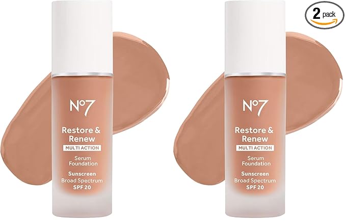 No7 Restore & Renew Multi Action Serum Foundation - Wheat - Liquid Foundation Makeup with Vitamin C, Vitamin E & Collagen for Face - Beauty Skin Serum Formula with Medium Coverage (30ml) (Pack of 2)