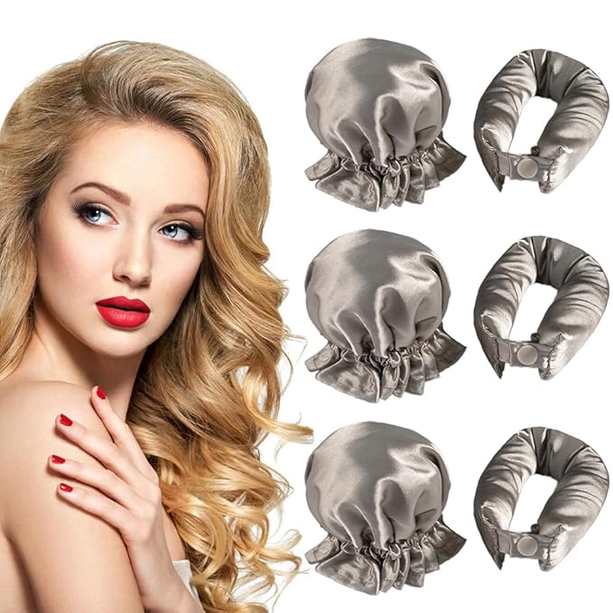 Hair Rollers Set - 6 Satin Curlers with Headband and Cap for Heatless, No-Heat Curls on All Hair Types (Khaki)