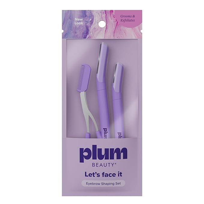 Plum Beauty Eyebrow Shaping Set – Complete 3-Piece Grooming Kit with 2 Folding Razors & Precision Trimming Scissors with Brush - Painless Brow Definition & Maintenance