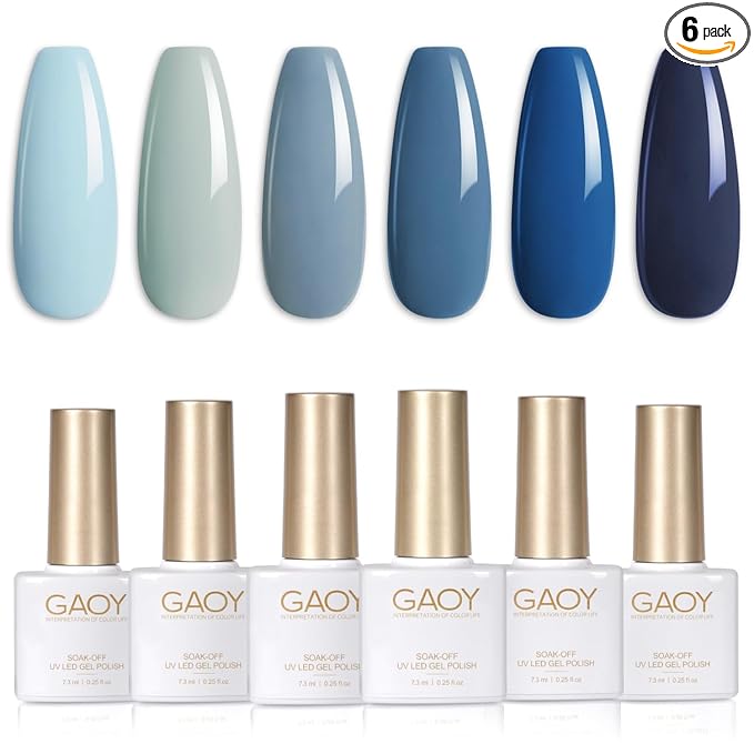 GAOY Blue Navy Gel Nail Polish Set, 6 Colors Nude Gray Baby Blue Soak Off UV Light Cure Gel Polish Kit for Salon and Nail Art DIY at Home