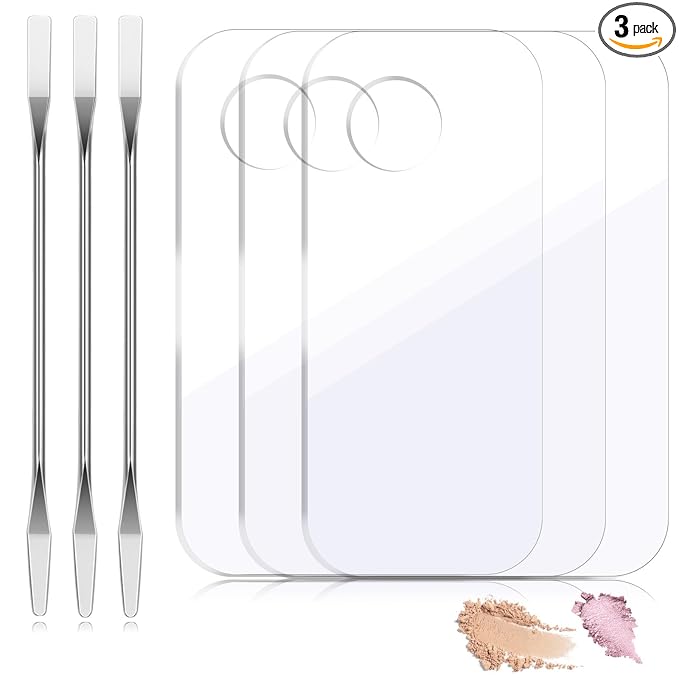 3Pcs Acrylic Makeup Palette Makeup Mixing Tray with Makeups Spatula Metal Mirror for Beauty Salon Color Cream Liquid Foundation Mixing Palette Eye Shadow Lipsticks Nail Art