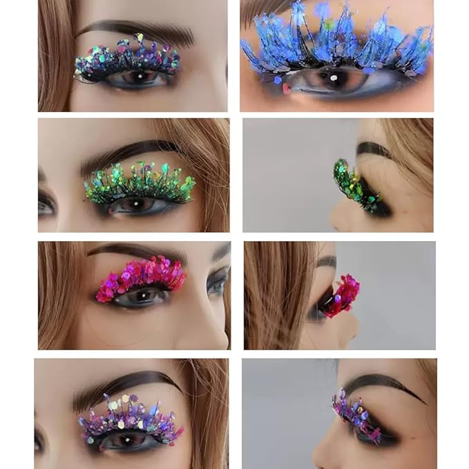 Sunniess Luminous Glitter Lashes,3D Dramatic Eyelashes with Sequins,25mm Decorative Sparkly Lashes for Halloween Colorful Lashes Christmas Cosplay Party Stage Makeup Colored False Eyelashes