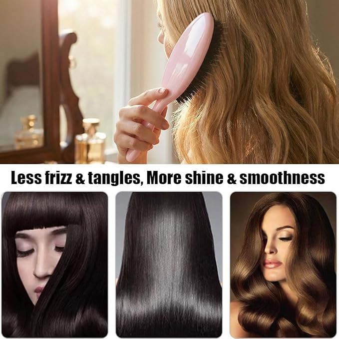 Boar Bristle Detangling Paddle Hair Brush for Curly Fine Wavy Hair, Anti-frizz Painless Detangler Brush Boar Nylon Mixed Bristle Styling Hairbrush for Women Men, Less Pulling and Hair Breakage