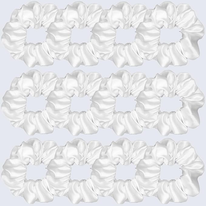 12 Pcs Satin Silk Scrunchies Soft Ties Fashion Bands Hair Bow Ropes Elastic Bracelet Ponytail Holders Accessories for Women and Girls (4.5 Inch, Pure White)
