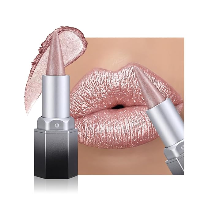 evpct Pink Shimmery Metallic Lip Liner and Lipstick Combo, Cone Tip Lip Crayon for Women Long Lasting Waterproof, Metal Shinny Hydrating Lipstick Makeup, Glitter Lips Liner Pencil for Shimmery Shade