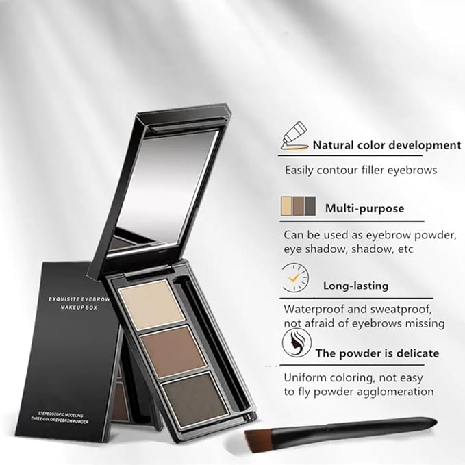 Eyebrow powder three-color brow disc waterproof eyebrow powder eyebrow makeup kit eyebrow filler to shape natural eyebrows (03# Skin color, brown, gray-black)