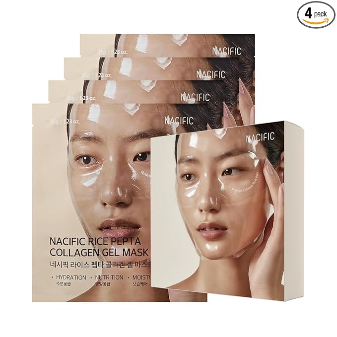 NACIFIC Rice Pepta Collagen Gel Face Mask (Rice Peptide) 4EA Set, Hydrogel Care for All Skin Types, Hydrating, Firming, Elasticity, Glass Glow Skin, Korean Beauty