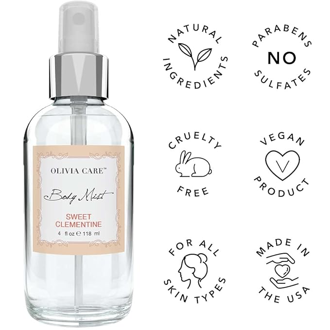 Olivia Care Body Mist Spray Made with Natural Sweet Clementine Scent - Refreshing, Soothing, Cooling & Moisturizing - Eliminate Odor with Fresh Floal Aroma - 4 FL OZ
