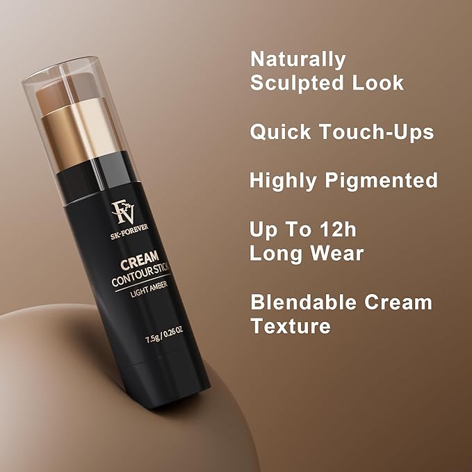 FV Cream Contour and Highlighter Stick - Highly Pigmented & Blendable for a Sculpted, Natural Glow | Waterproof & Long-Lasting Finish | Perfect for On-The-Go Makeup, 04 Light Amber & 03 Champagne