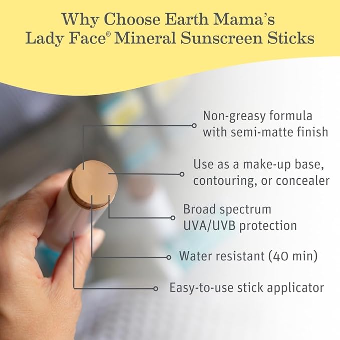 Earth Mama Lady Face Tinted Mineral Sunscreen Stick SPF 40-0.74 oz - Light/Medium Tint - Non-Nano Zinc - Broad Spectrum Face Sunscreen - Blends with Most Skin Tones