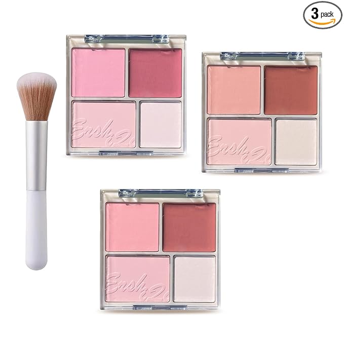 3Pcs 4 Colors Blush Palette for Cheeks with Make Up Brush,Face Matte Contour Blush Makeup Palette,Buildable Shimmer Facial Cheek Blusher Shades,Blendable Cosmetic Makeup Blush