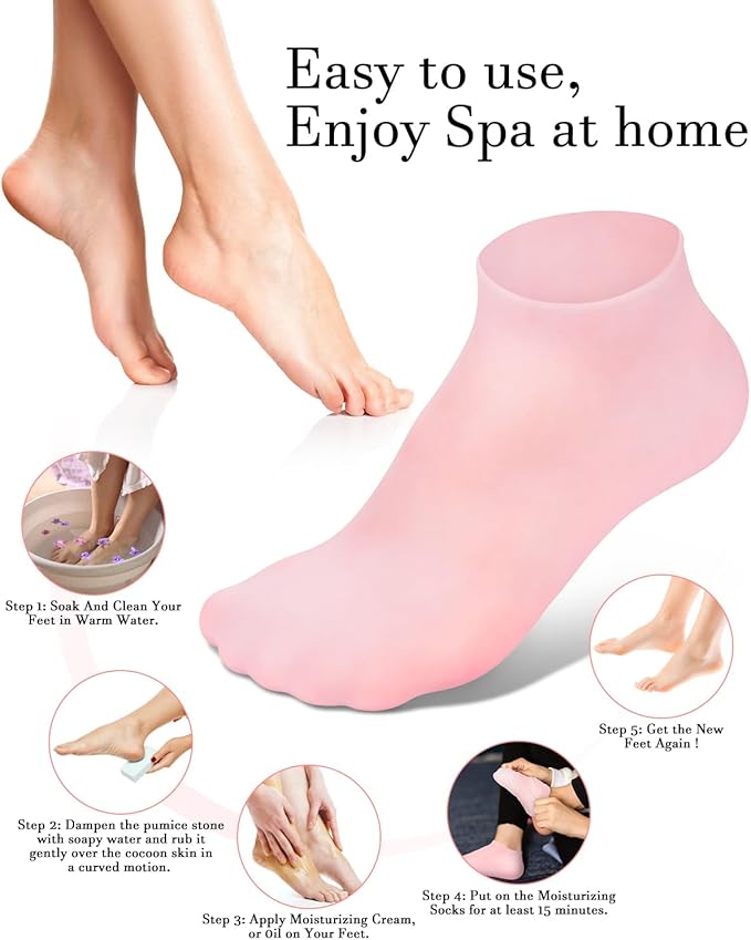Golbylicc Silicone Moisturizing Socks for Women Dry Cracked Feet, Soft Gel Rubber Socks, Foot Care Spa Pedicure Silicone Socks for Cracked Heel and Softening Rough Skin, Calluses (1 Pair), Pink