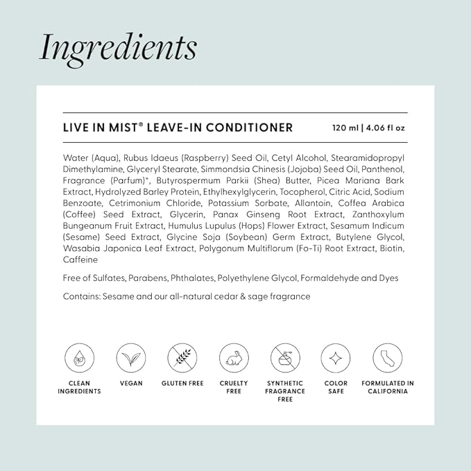 Live In Mist® Leave-In Conditioner | The Sunscreen of Haircare™ | Hydrate, Detangle & Protect | Raspberry Seed Oil for UV Protection | Black Spruce Extract for Color Preservation | Sulfate-Free (4 oz)