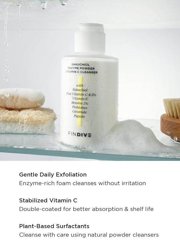 FINDIVE OFFICIAL Bakuchiol Enzyme Powder Vitamin C Cleanser, Gentle Daily Exfoliating Face Wash with 4.5% Pure Vitamin C, Plant-Based Surfactants, Probiotics, Korean Skincare 1.41 fl.oz