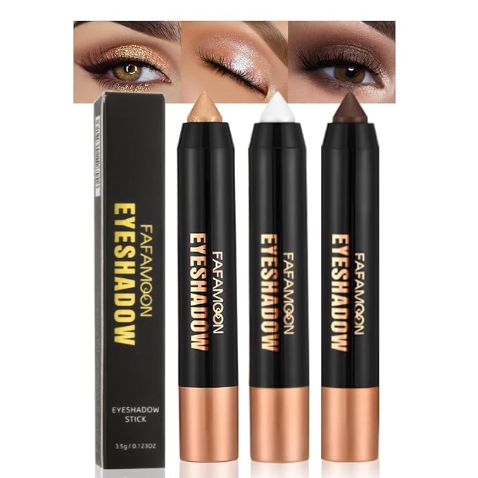 FeiCuiYun 3Pcs Monochrome Cream Shimmer Glitter Eyeshadow Pencil Stick for Women, Eye Shadow Eyeliner Pencil Sticks Makeup, sombras para ojos, Waterproof, Vegan & Cruelty-Free, (01+02+06, 3Pcs)