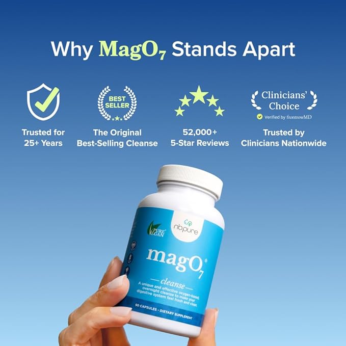 nbpure MagO7 - Natural Colon Cleanse & Detox Powder - Occasional Constipation Relief, Stool Softener, & Bloating Support for Men & Women - Ozonated Magnesium Oxide, 150 Gram