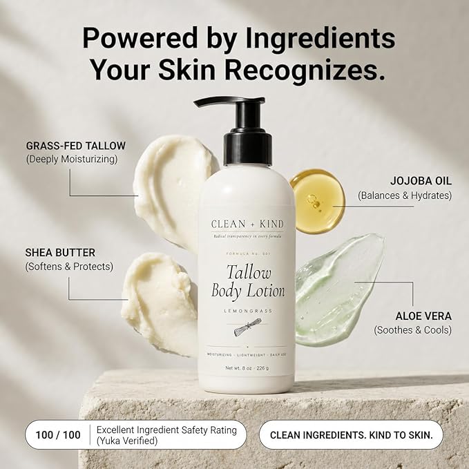 Lemongrass Whipped Tallow Body Lotion — Hydrating Non-Toxic Natural Body Moisturizer & Cream, Grass-Fed Beef, Organic Shea, Jojoba, Coconut MCT & Aloe for Dry Sensitive Skin (8 oz)