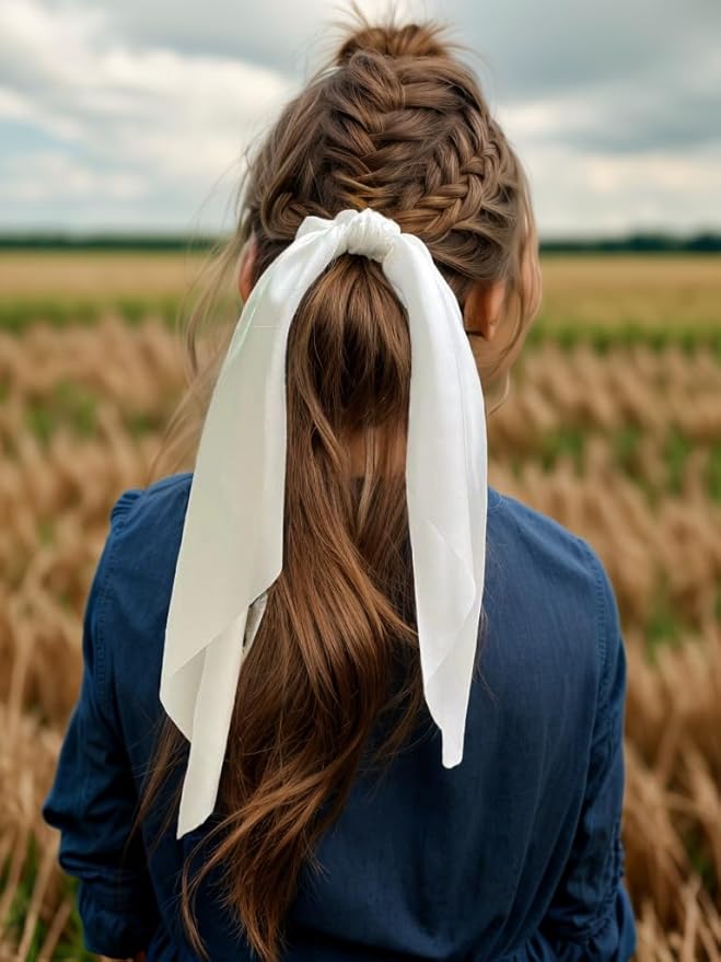 Pack of 2 Knotted Bow Hair Scrunchies Elastic Hair Scarf Hair Ties Bands Silky Satin Hair Ribbon Scrunchy Ponytail Holder for Women and Girls, Hair Scarf Scrunchies, Hair Ties for Women