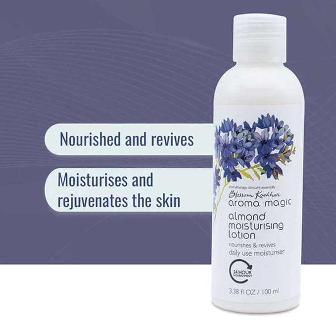 Aroma Magic Almond Moisturising Lotion for Dry Skin | Daily Face & Body Moisturizer with Almond Fruit & Lotus Leaf | Softens, Revives, Rejuvenates | 3.38 Fl Oz (100ml)