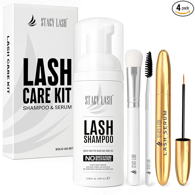 STACY LASH Shampoo 100ml Cleaning Kit of Eye Makeup Remover (Foam Cleanser) & Shampoo Brush & Mascara Brush Bundle with Eyelash Serum 5ml for Lash Growth and Thickness