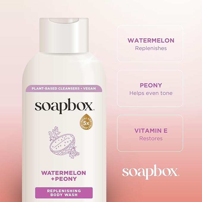 Soapbox Moisturizing Body Wash, Watermelon & Peony Shower Gel - Hydrating Natural Body Wash with Shea Butter - Clean Ingredients Free of Harsh Chemicals, Sulfates, Parabens & Silicones - 3 Pack