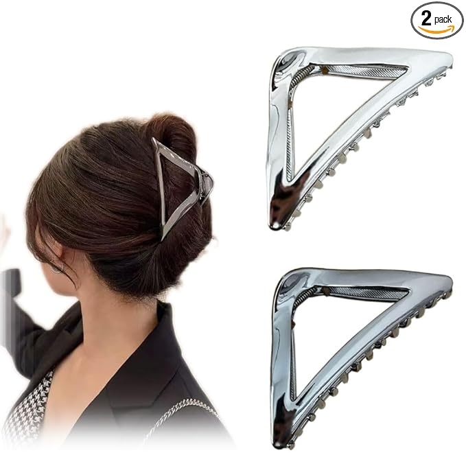 BeeGift 2Pcs Hair Clips, Triangular Hair Claw Clips, Metal Hair Clips, 4inch Exquisite Silver Geometry Designs Hair Jaw Clips for Hair Accessories for Women Girls Gift