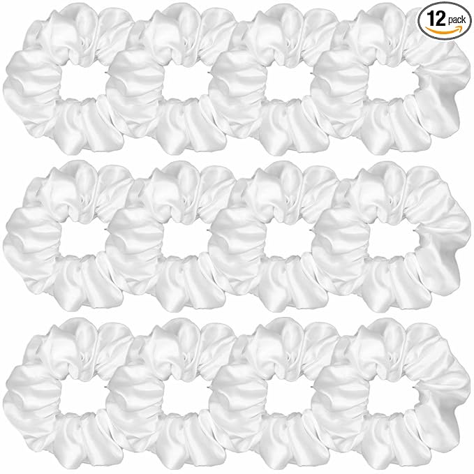 12 Pcs Satin Silk Scrunchies Soft Ties Fashion Bands Hair Bow Ropes Elastic Bracelet Ponytail Holders Accessories for Women and Girls (4.5 Inch, Pure White)