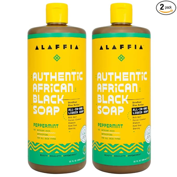 Alaffia African Black Soap Liquid, Peppermint (32 Oz) + Eucalyptus Tea Tree (2 Oz) – All-in-One Moisturizing Cleanser for Face, Hands, Body & Hair