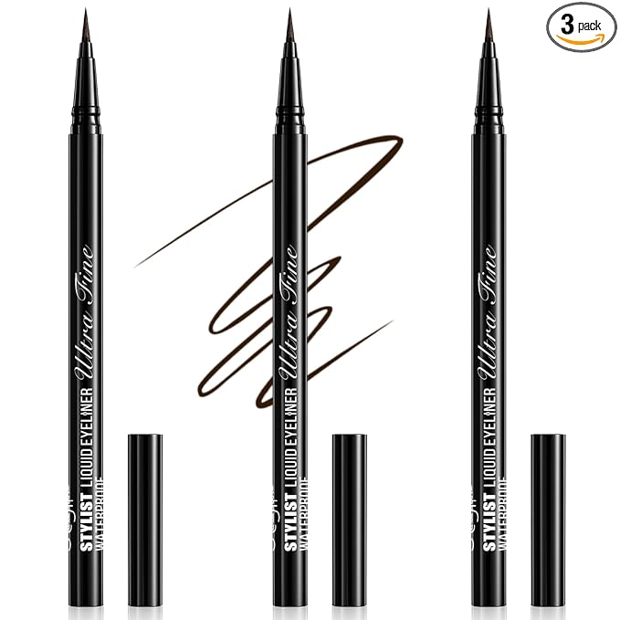 Stylish Ultra-precise Waterproof Liquid Eyeliner - Long Lasting & Smudgeproof Eye Liner with Ultra Fine Felt Tip, Ophthalmologist-Tested, Vegan- Dark Brown(Pack of 3)