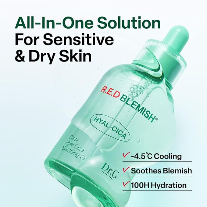 Dr. G R.E.D. Blemish Clear Hyal-Cica Soothing Serum - Korean Skincare - Long-Lasting, Hydrating Serum for All Skin Types - Cools Skin Temperature - Hyaluronic Acid & Centella Asiatica - 1.69 fl oz