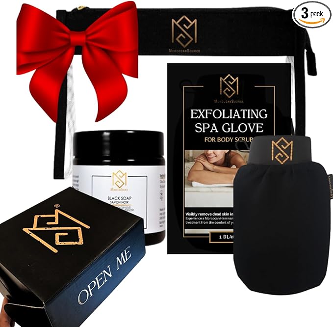 Exfoliating Glove Kessa Mitt Body Scrubber – Dead Skin Remover Shower Glove for Deep Pore Cleansing, Black Soap, and Moisturizer by Moroccan Source – 3 Piece Spa Set Kit