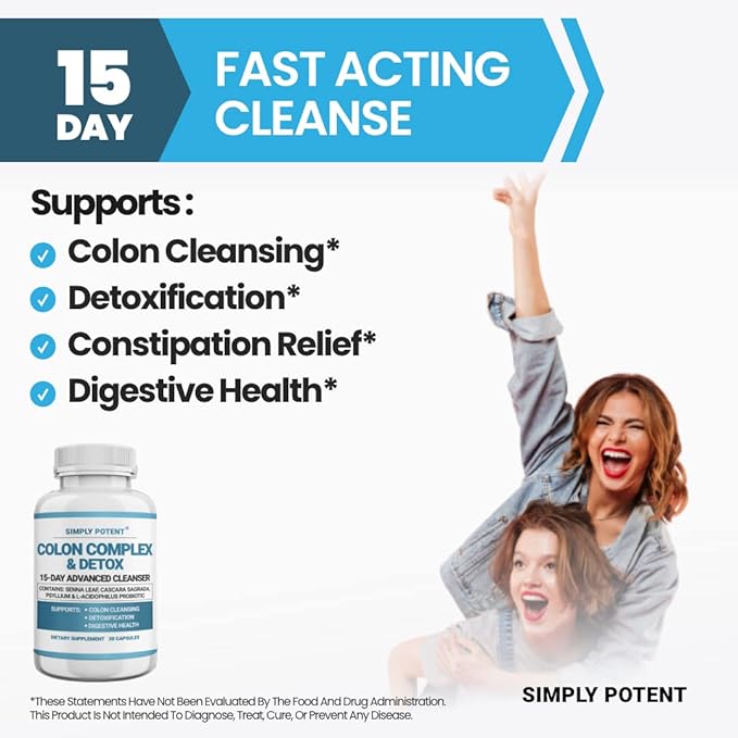 Simply Potent Natural Colon Cleanse - Gentle Colon Cleanser Supplement for Digestive Health - Supports Detoxification and Regularity - 60 Capsules