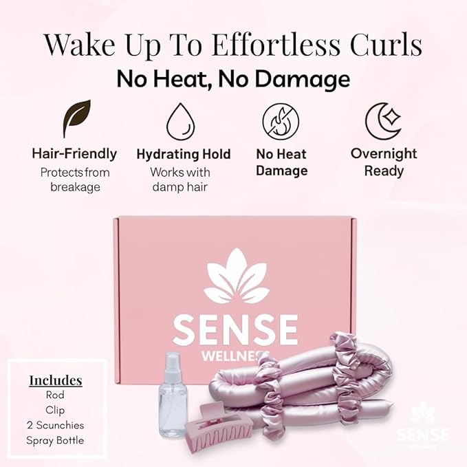 Heatless Curls Overnight Kit, 39" Satin Curling Rod – Frizz-Free No-Heat Waves for Long Hair, Comfortable to Sleep In, Includes 2 Scrunchies & Claw Clip (Lilac)