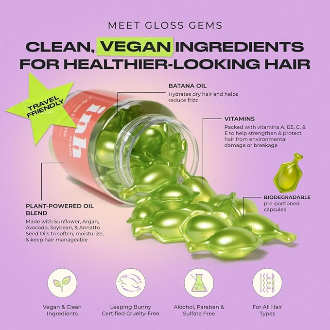 INH Hair Gloss Gems - Lightweight Hair Oil Perfume Capsules for Dry, Damaged, or Frizzy Strands, Smoothing Anti Frizz Shine Serum with Argan & Batana Oil, Vegan Leave In Treatment, 35 Capsules