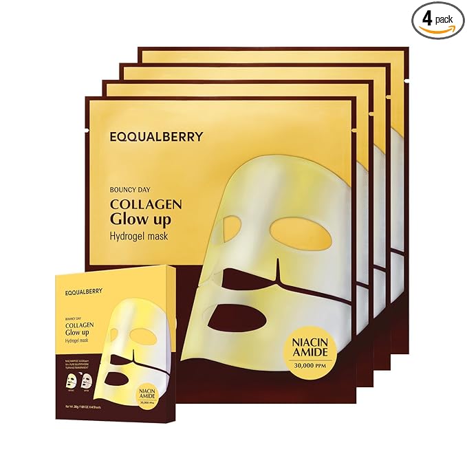 EQQUALBERRY Collagen Glow Up Mask - Niacinamide & Low Molecular Collagen for Brightening and Radiance Boosting | Korean Collagen Face Mask for Glass Skin, 4 Sheets, 1.01 OZ.