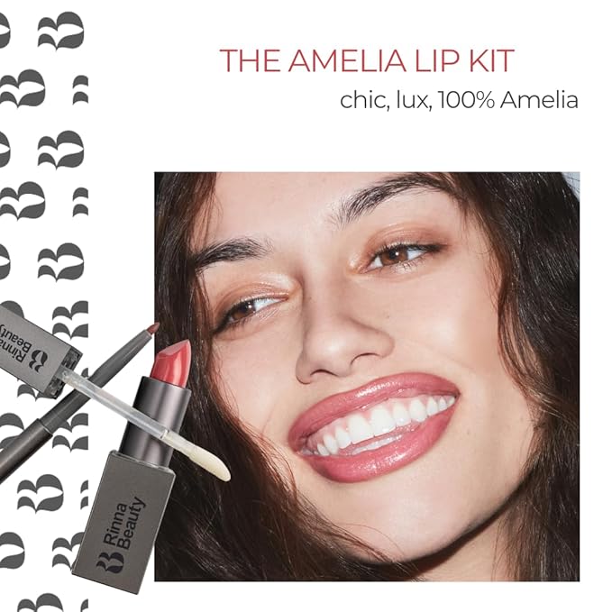 Rinna Beauty Icon Lip Kit - Amelia- All-in-one Lip Kit Includes Lipstick, Lip Gloss, Lip Liner - SWEET PINK look - Vegan, Long-lasting, Anti-aging & Moisturizing, Cruelty-Free - 1 each