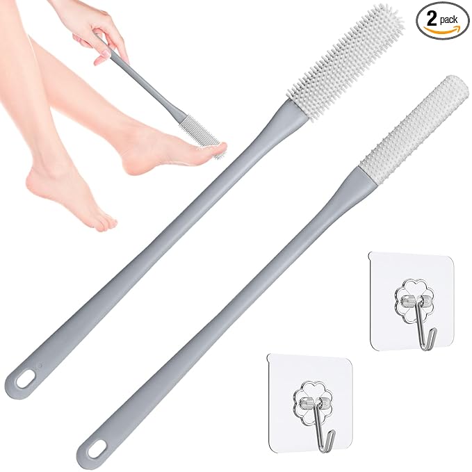 Toe Cleaning Brush,Foot Scrubber for Shower with 15.7" Long Handle Soft Silicone Cleaning Shower Brush Foot Care for Seniors,Elderly, Men and Women (Grey)