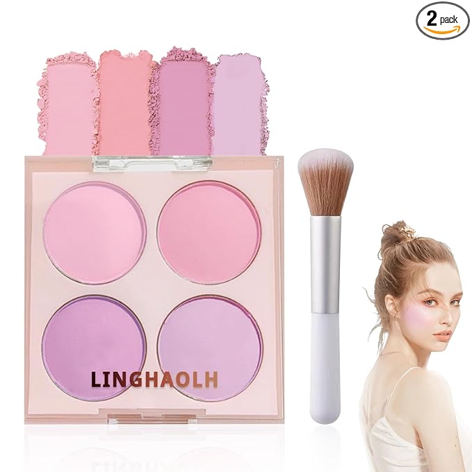 4 Colors Blush Palette for Cheeks - Face Matte Contour Makeup Palette, Buildable Shimmer Facial Cheek Blusher Shades, Blendable Cosmetic With Brush 02